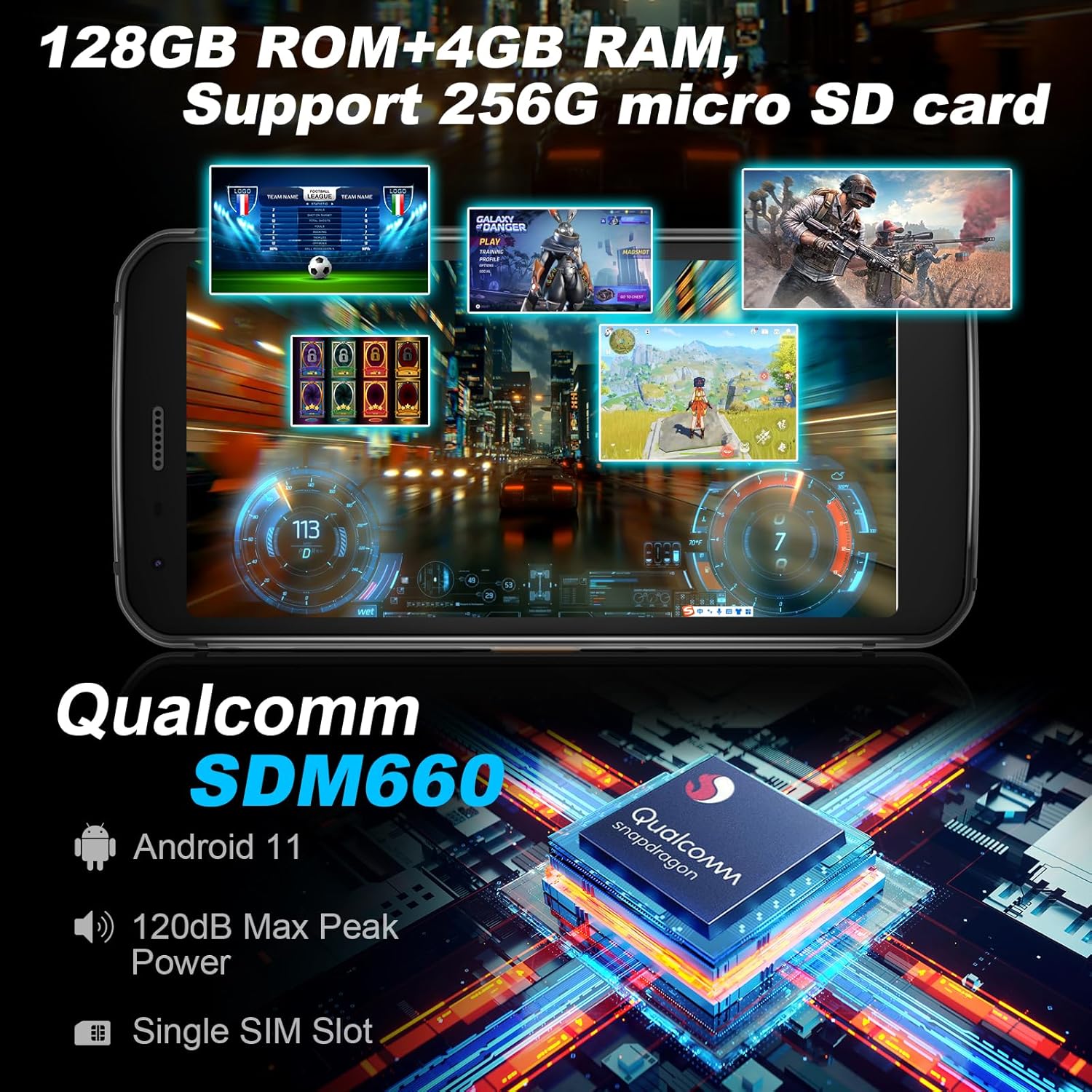 Unifone S62 Unlocked Rugged Cell Phone (128GB, 4GB) 5.7" IP68 Waterproof Android Smartphone, 12MP Dual Camera, All Day Battery, NFC, Fingerprint Unlock, Snapdragon 660 Nano Slot(Black)