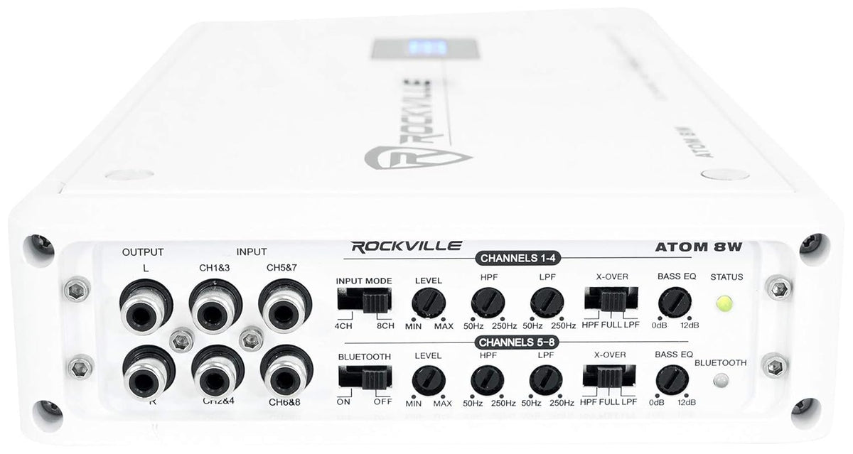Rockville Atom 8W 3500W Peak 8-Channel Marine Amplifier 4 Ohm, Bluetooth, Marine-Grade Water-Resistant, Compact, for Boat and Marine Audio Systems