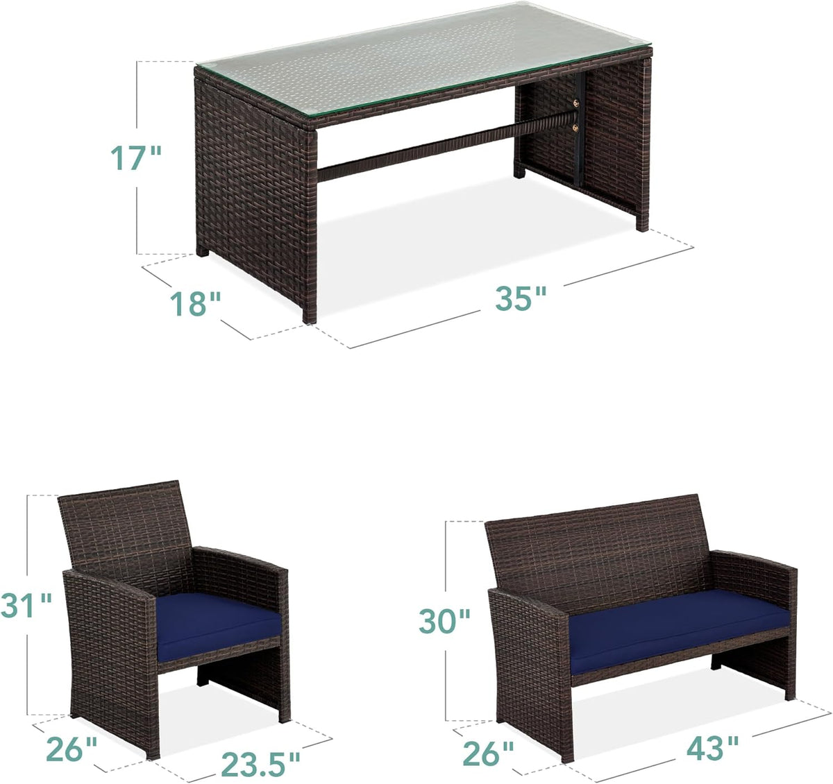 Best Choice Products 4-Piece Outdoor Wicker Patio Conversation Furniture Set for Backyard w/Coffee Table, Seat Cushions - Brown/Navy