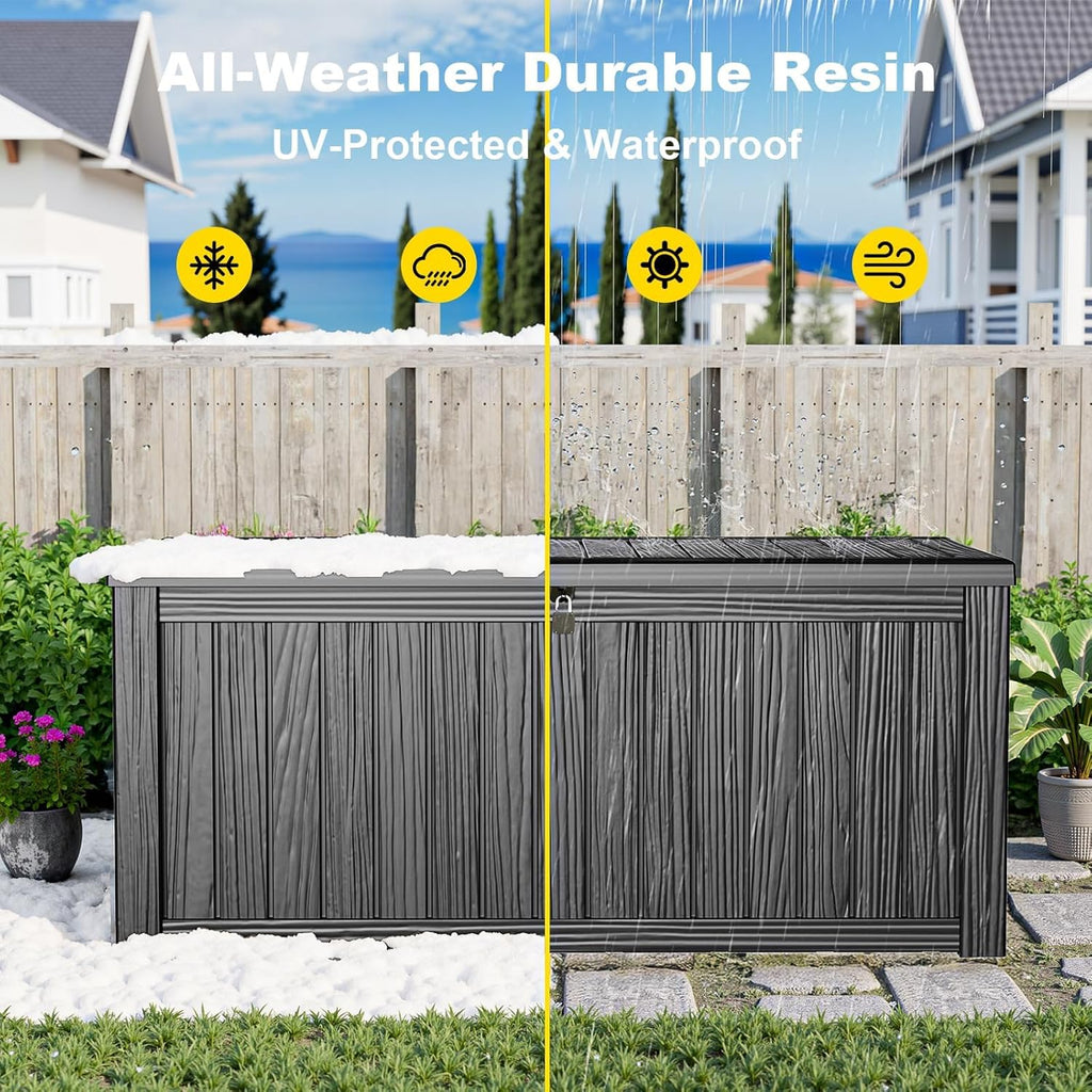 150 Gallon Large Outdoor Storage Box Waterproof, UV Resistant Resin Deck Box with Hydraulic Rod & Lockable Latch for Patio Furniture, Outside Storage Box for Garden Tools, Patio Cushions, Black