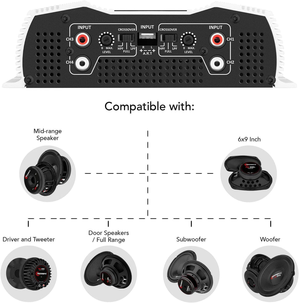 Taramps DS 800x4 1 Ohm 800 Watts RMS 4-Channel 200x4 RMS, Class D, Full Range, Crossover High / Low Pass Fixed, Bridgedable Car Audio Amplifier, White
