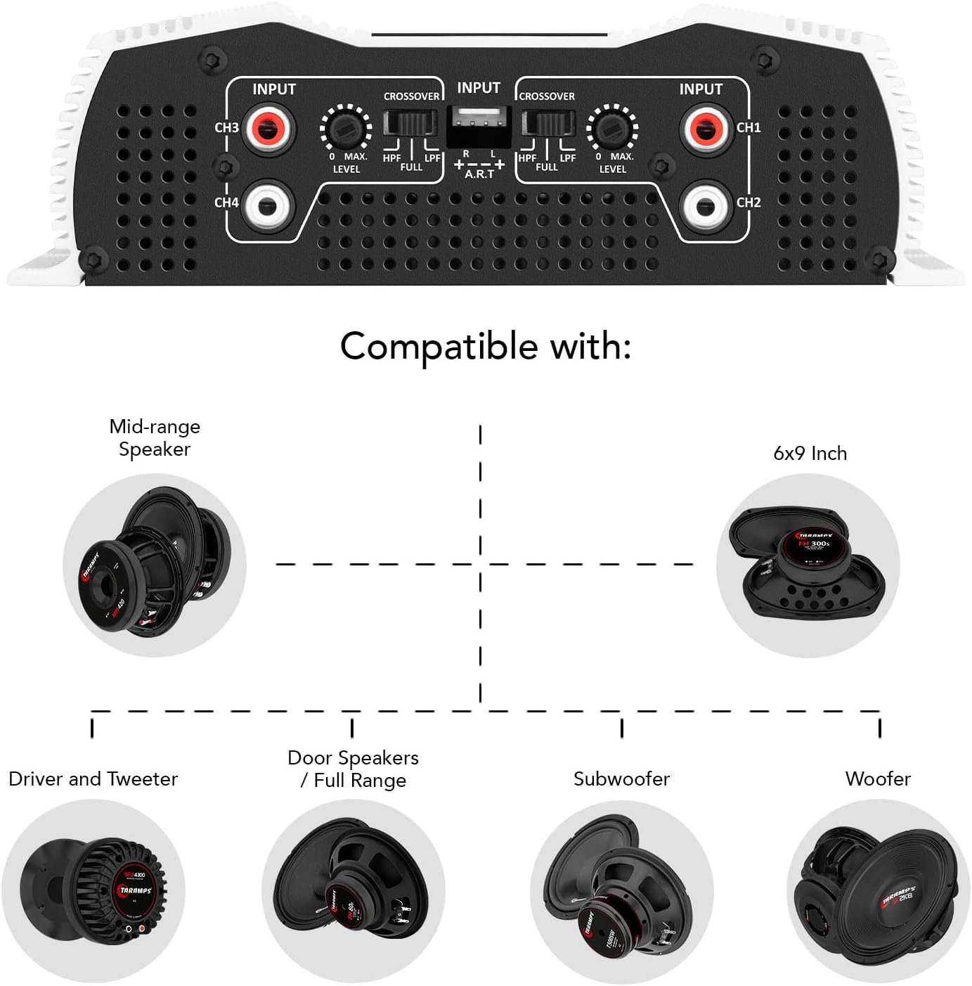 Taramps DS 800x4 1 Ohm 800 Watts RMS 4-Channel 200x4 RMS, Class D, Full Range, Crossover High / Low Pass Fixed, Bridgedable Car Audio Amplifier, White