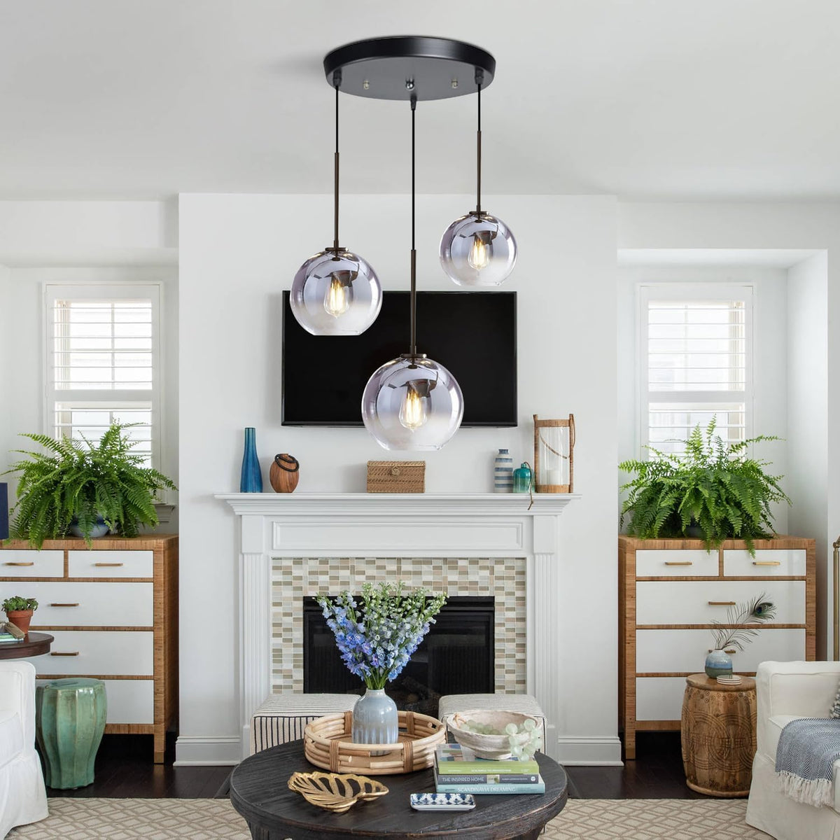 KCO Lighting Modern 3-Light Hanging Light Fixture Silver Gradient Glass Globe Pendant Ceiling Lighting with Adjustable Cord Mid Century Hanging Chandelier Light Fixture for Kitchen Island Bedroom…
