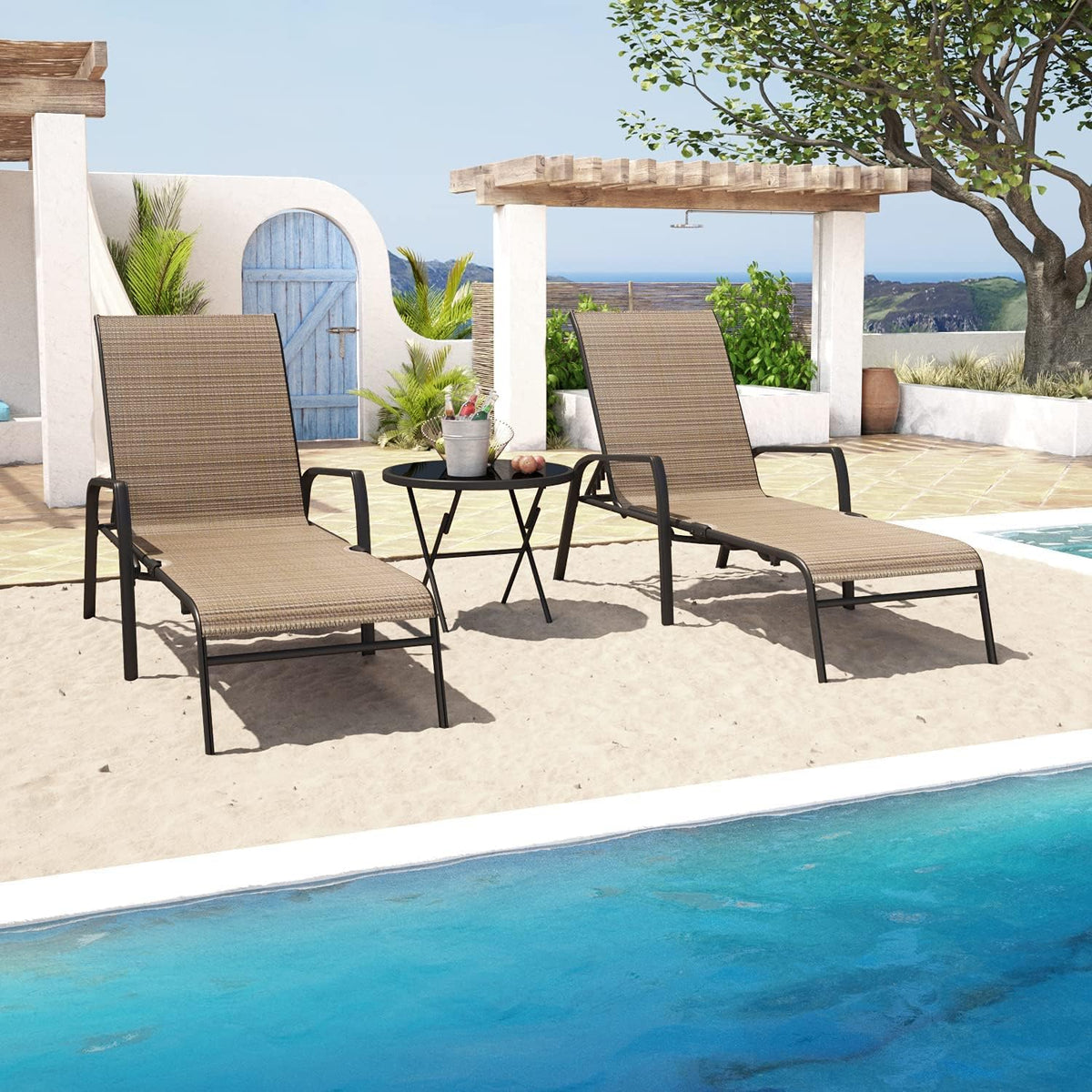 Devoko Patio Chaise Lounges Sets Outdoor Lounge Chairs with Adjustable Backrest & Sturdy Glass Top Coffee Table Suitable for Poolside, Beach, Backyard, Garden (Beige)