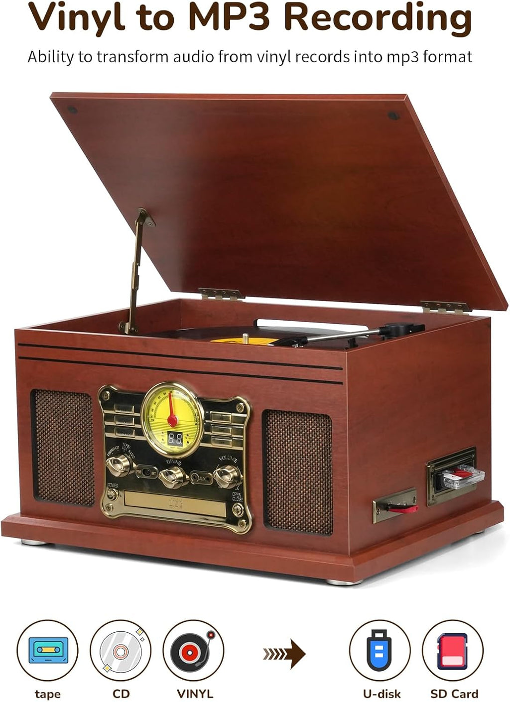 FEKTIK Bluetooth Record Player 10 in 1, 3-Speed Turntable for Vinyl with Speakers, LP to MP3 Converter, CD, Cassette Player, FM Radio, Wireless Streaming | Mahogany
