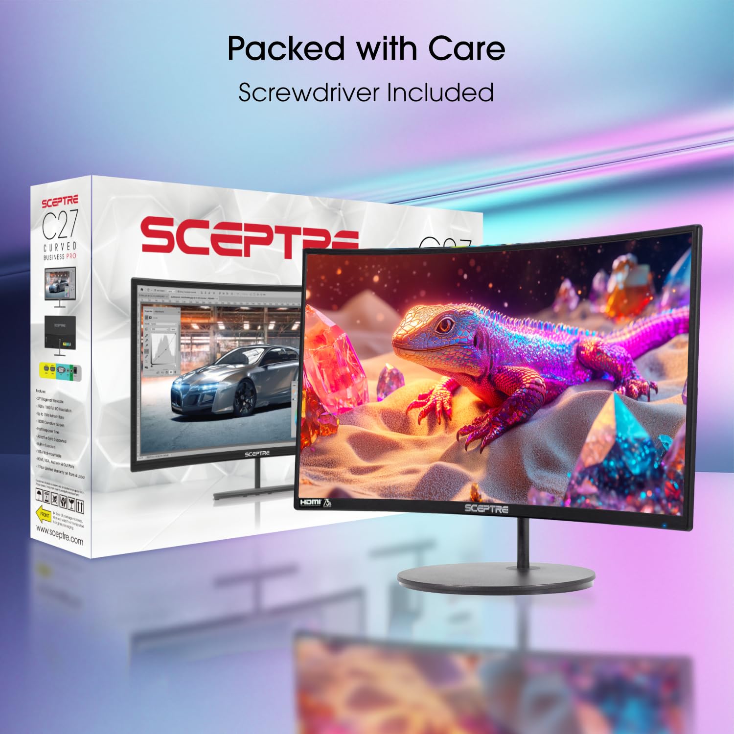 Sceptre Curved 27-inch Prime Monitor up to 100Hz 1080p, HDMI x2, VGA, 99% sRGB, Built-in Speakers, R1500, Machine Black 2025 (C275W-1920RN Series)