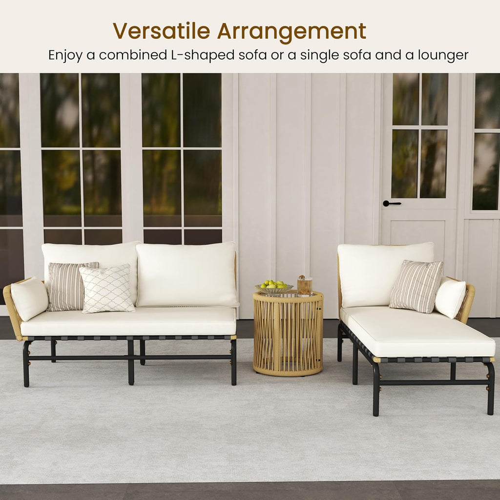 Yaheetech 3 Pieces L-Shaped Conversation Sofa Set, Outdoor Patio Furniture Set w/Detachable Lounger, Thick Cushions, Glass Side Table for Patio, Backyard, Porch, Garden