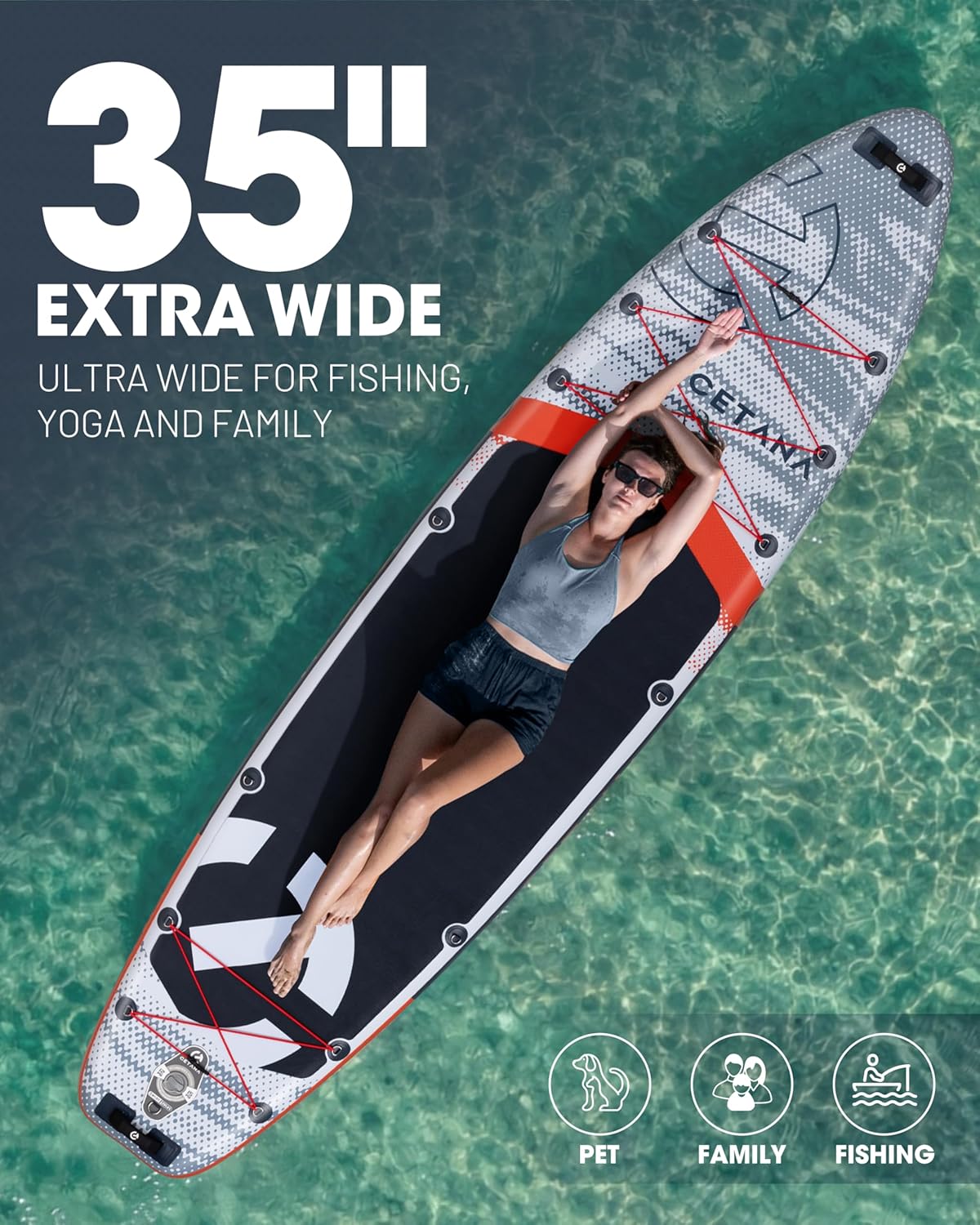 CETANA Extra Wide Inflatable Paddle Board 11'6 x 35" x 6", 450LB High Weight Capacity Wide Stable Stand Up Paddle Board for Beginners, 2–3 Person Large Paddleboard with 3 Fins, Dual Bungee, 15 D Rings