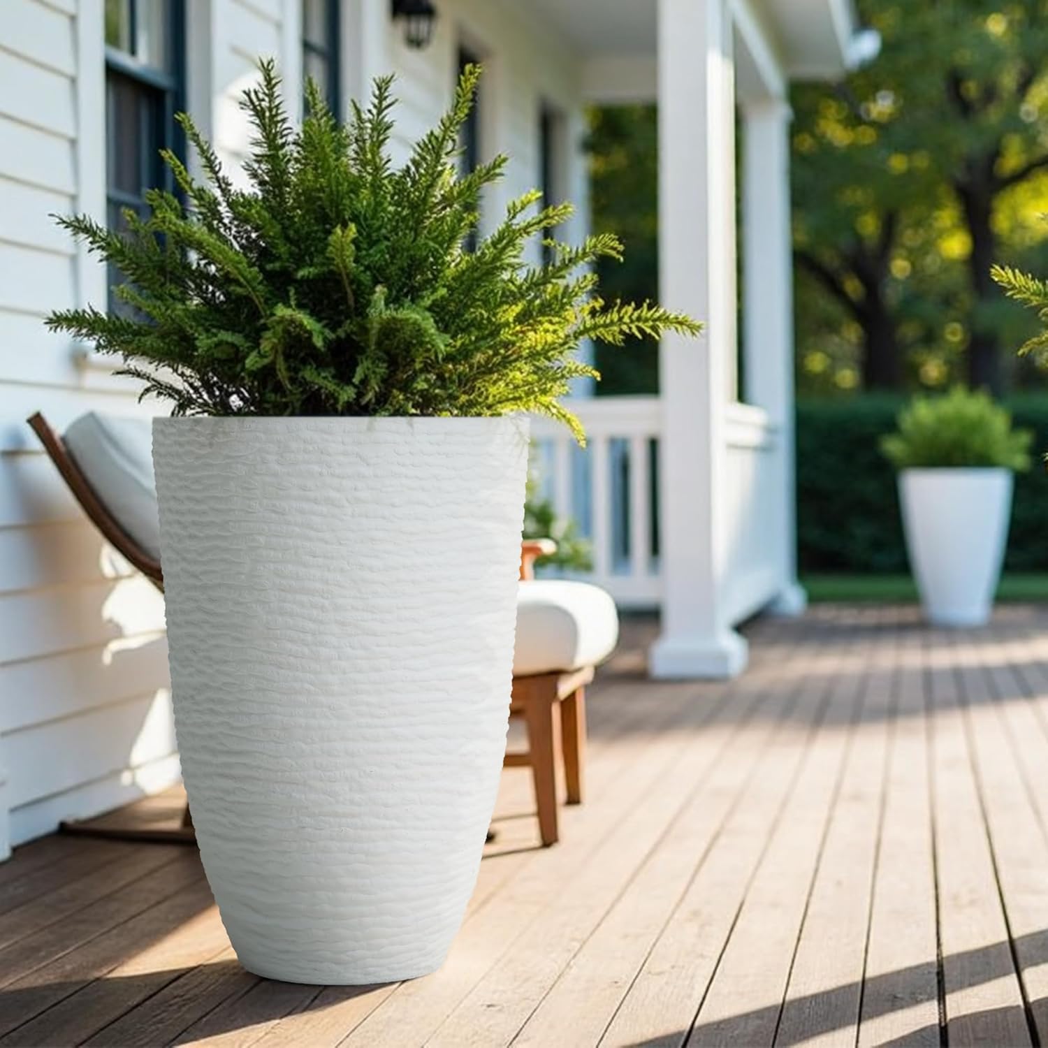 Worth Garden 2-Pack 21" H. White Tall Planters - 14'' Dia Resin Large Round Flower Pots for Outdoor Plants Trees - Imitation Stone Finish Plastic Indoor Front Porch 9 Gallon Decorative Container Patio