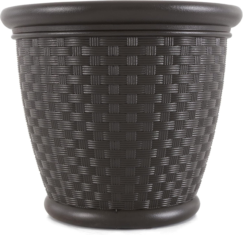 Suncast 4 Pack Sonora 18 Inch Lightweight Durable Plastic Wicker Decorative Flower Planter Pot for Yard, Garden, Indoor or Outdoor Use, Brown