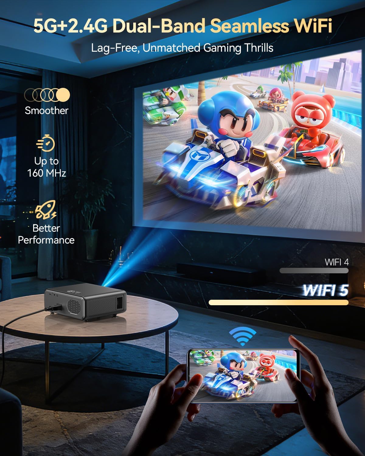 800 ANSI 4K Decoding Projector with WiFi and Bluetooth, Antmap Movie Projector with 5W Immersive Speaker, 300'' Display for Indoor/Outdoor, Home Theater Proyector for phone/Tablet/Laptop/PS5
