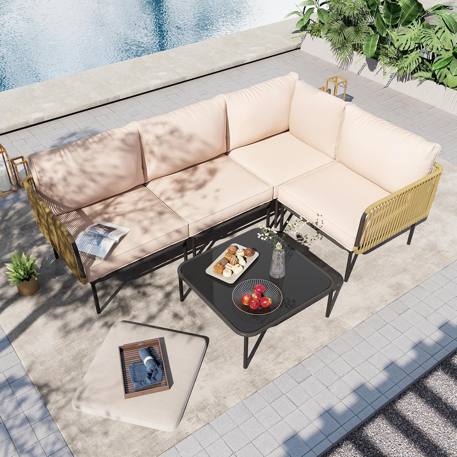 Patio Furniture Set, 5 Piece Outdoor Patio L-Shaped Conversation Set with Cushions and Table, All-Weather Rattan Woven Sectional Sofa for Backyard, Porch, Boho Detachable Lounger (Beige)
