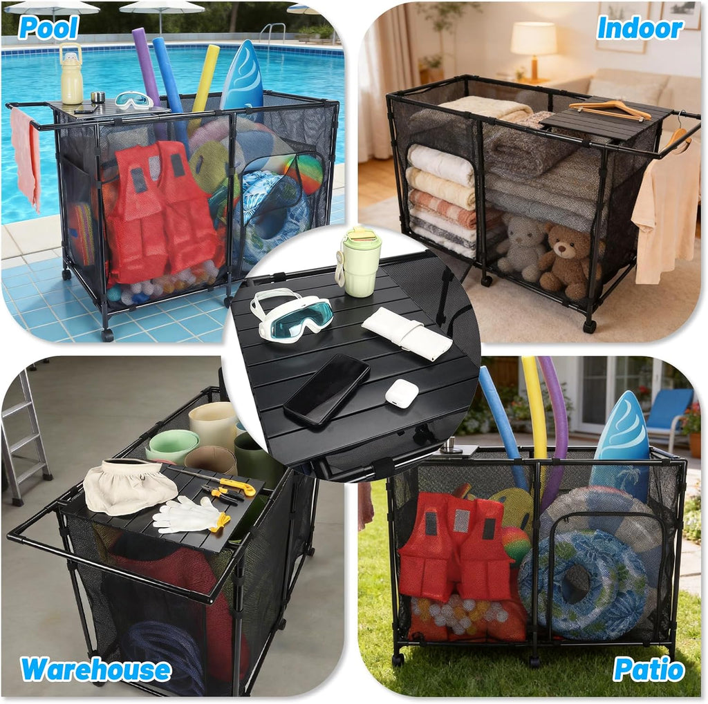 152Gal Pool Storage Organizer with Tabletop,Towel Bar,Zipper Doors,360° Rotating Wheels,Weather-Resistant,Easy Assembly,for Indoor Outdoor,Pool,Patio,Beach (M Size)