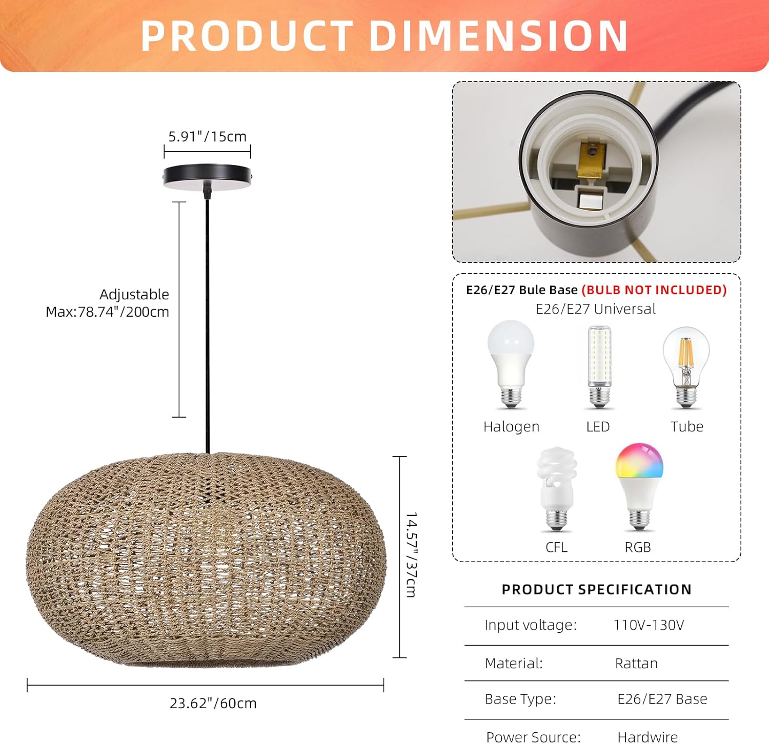 Arturesthome Large Natural Hand Weaved Rattan Pendant Lamp,Coastal Beach Boho Chandelier for Kitchen Hallway Bedroom Dinning Room Living Room Dia 23.6 in