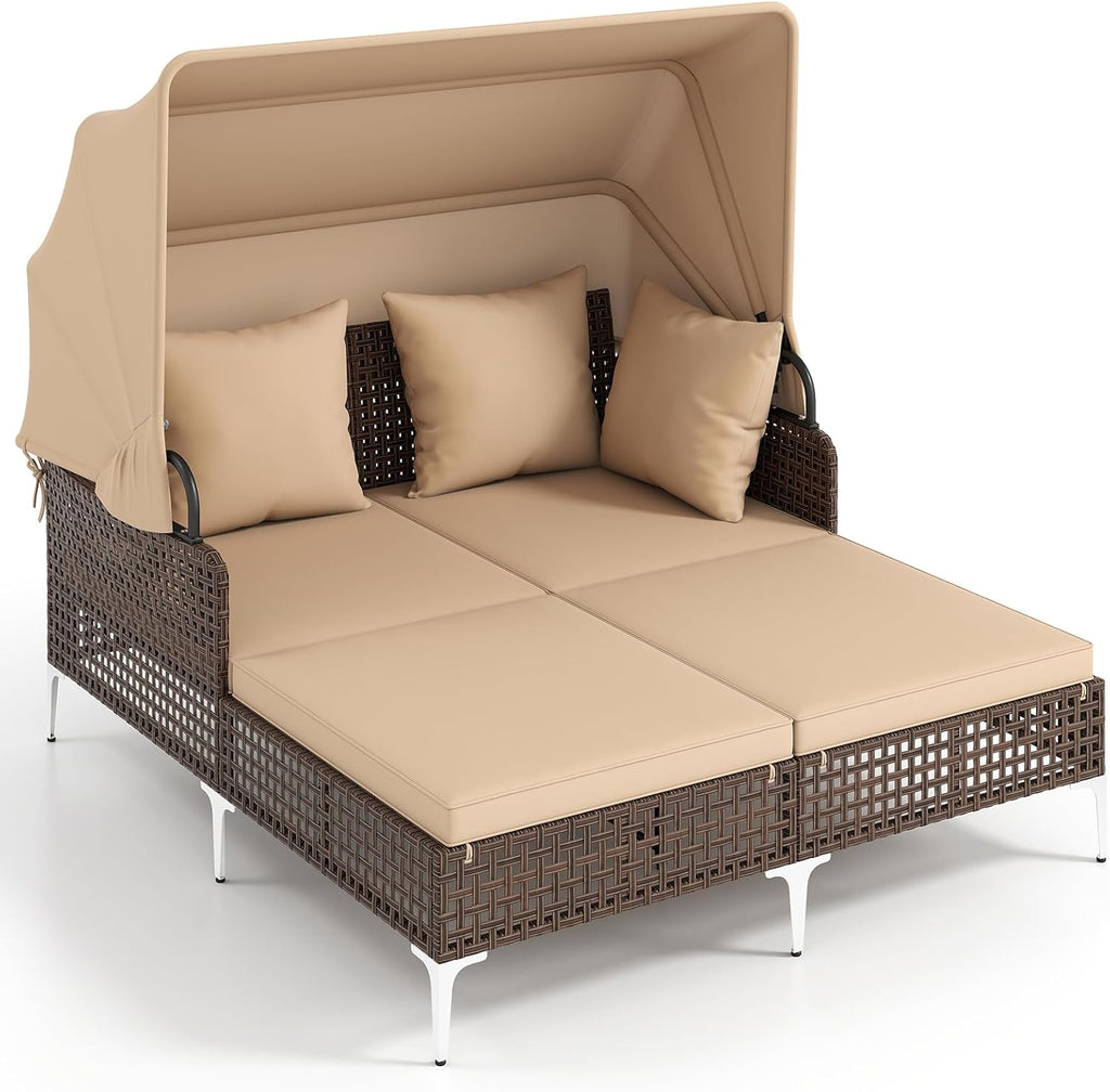 Tangkula Outdoor Rattan Daybed with Retractable Canopy, Boho Patio Wicker Sunbed with Metal Support, Pillows & Cushions, Outdoor Double Chaise Lounge with Shade for Backyard, Poolside, Deck & Balcony
