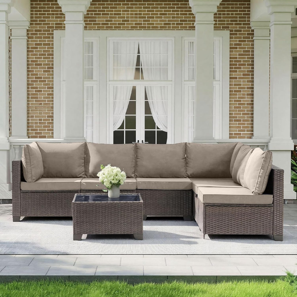 MOCHITO 7 Pieces Outdoor Patio Furniture Sets, All-Weather Sectional Sofa Dark Brown PE Rattan Wicker Conversation Set with Glass Table and Washable Khaki Cushions for Backyard,Sunroom,Garden,Porch
