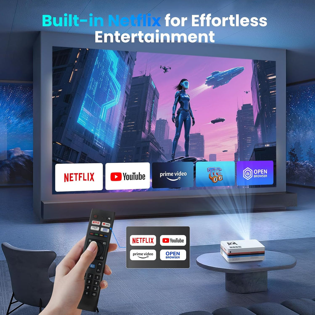 Compatible with Netflix, 2000 ANSI Smart Projector with WiFi 6 and Bluetooth 5.3, Electric Focus Auto Keystone, Native 1080P Outdoor Movie Projector with PrimeVideo/YouTube, for HDMI/USB/iOS/Android