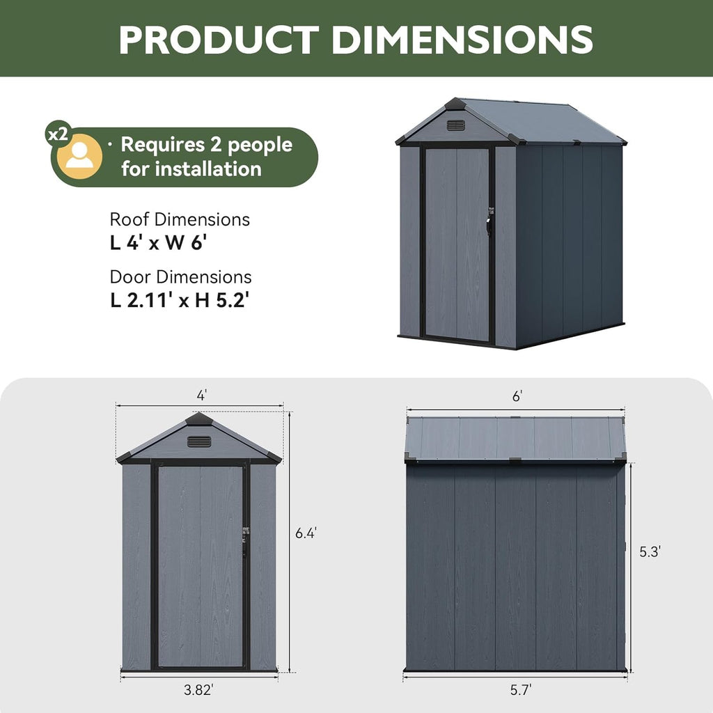 Aoxun 4x6 FT Resin Shed with Reinforced Floor, Outdoor Storage Shed, All-Weather Plastic Tool Storage with Lockable Door, Window & Vents for Garden, Patio, Bike & Garbage Can, Dark Gray