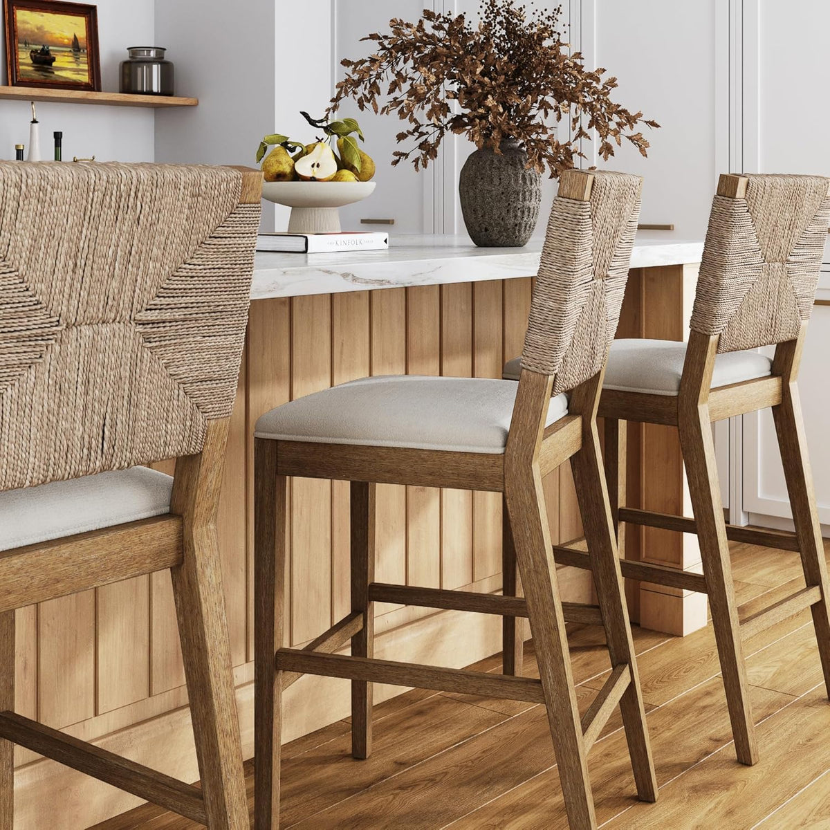 Nathan James Beacon Bohemian Boucle Bar Stool with Back, Bar Height Kitchen Island Chair, Seagrass Bar Stool, Cream Boucle/Brushed Light Brown