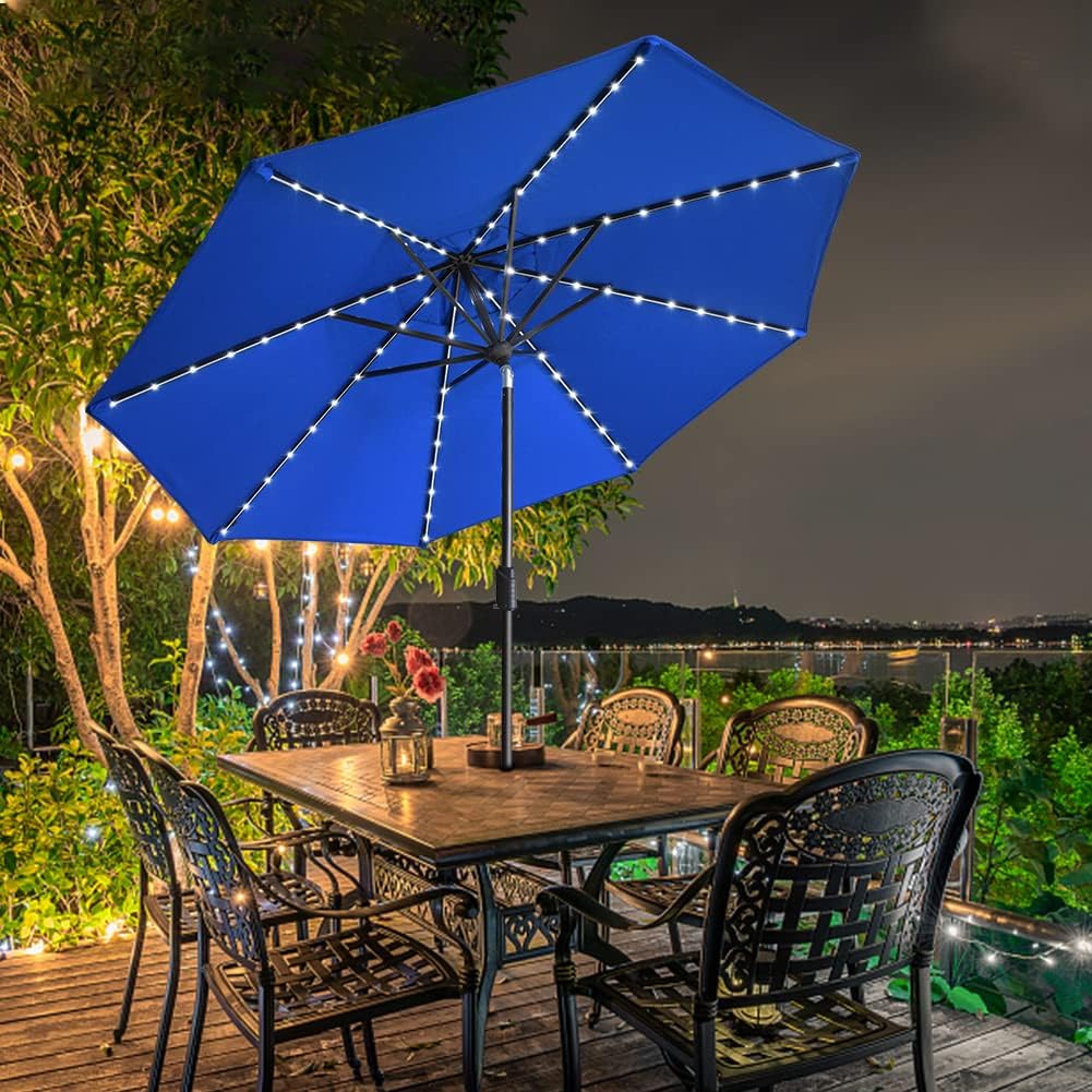 EliteShade USA 10-Year-Non-Fading 9ft Market Patio Umbrella, Commercial Grade Table Sun Umbrella with 80 Solar LED Lights, Crank Open, Windproof & UPF 50+ UV Protection for Garden, Deck, Pool, Backyard, Royal Blue