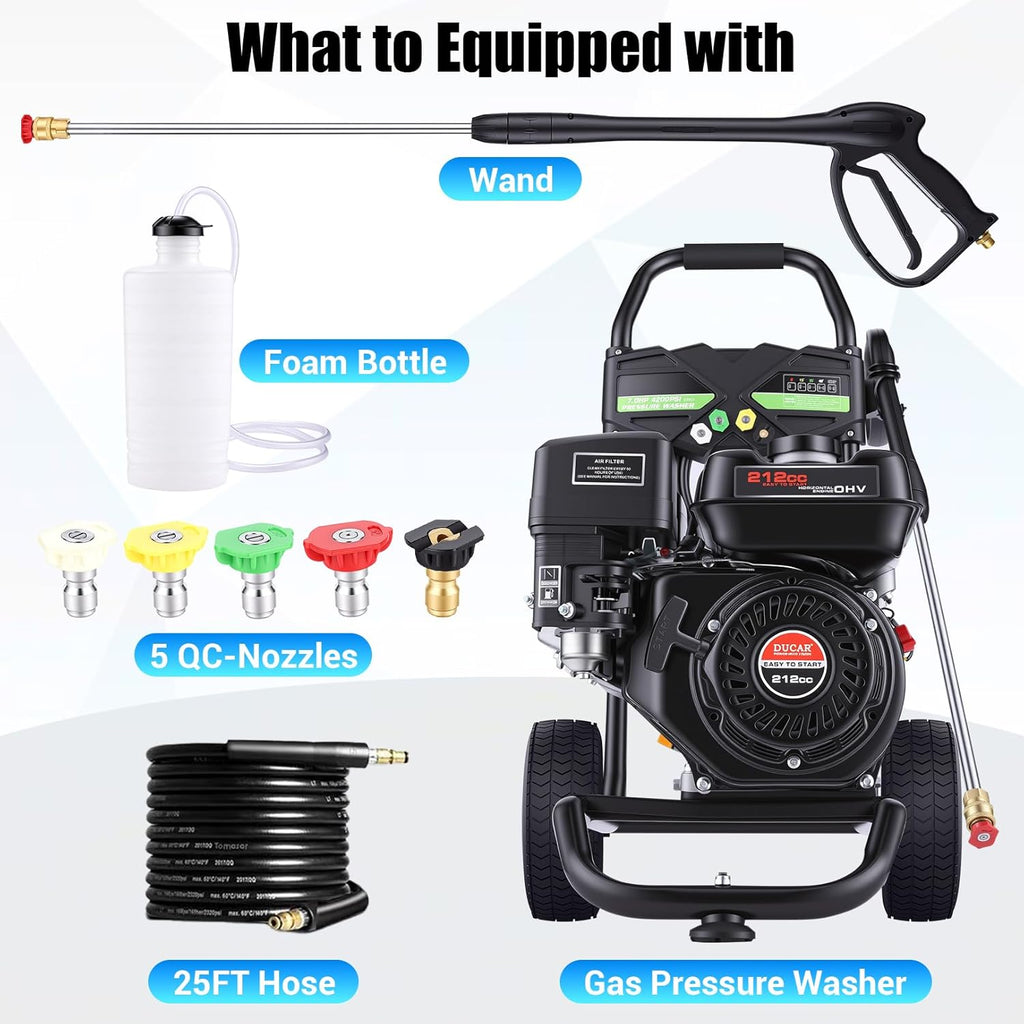 4200PSI Pressure Washer 4.0GPM Gas Power Washer 212CC Gas Powered Washing Machine Commercial High Pressure Washer with 25ft Hose&5 Nozzles for Patio Garden Yard (Dark Black with 25ft Hose)