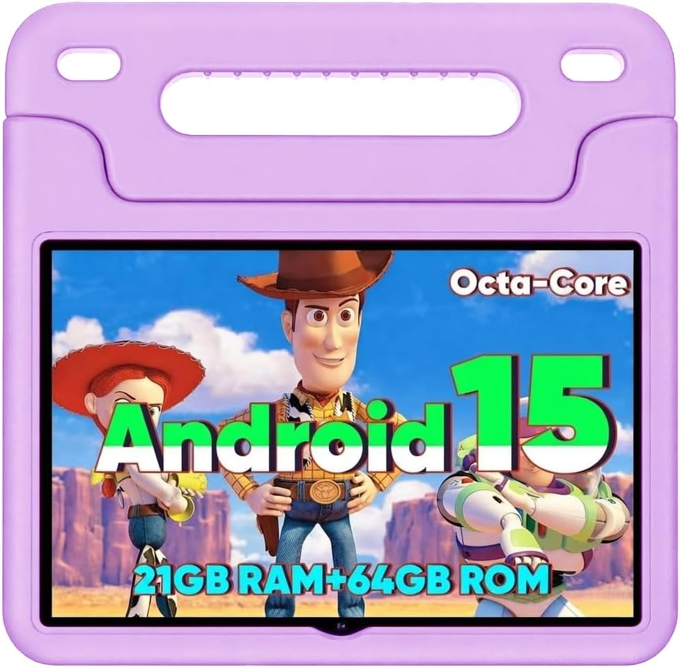 WXUNJA Android 15 Kids Tablet, 2025 Upgraded 10.1 Inch Tablets with Octa-core Processor, 6000mAh Battery, Kid Space, Parental Control,Pre-Loaded Kids Apps, 2.4/5GHZ Dual WiFi, Case Included, Purple