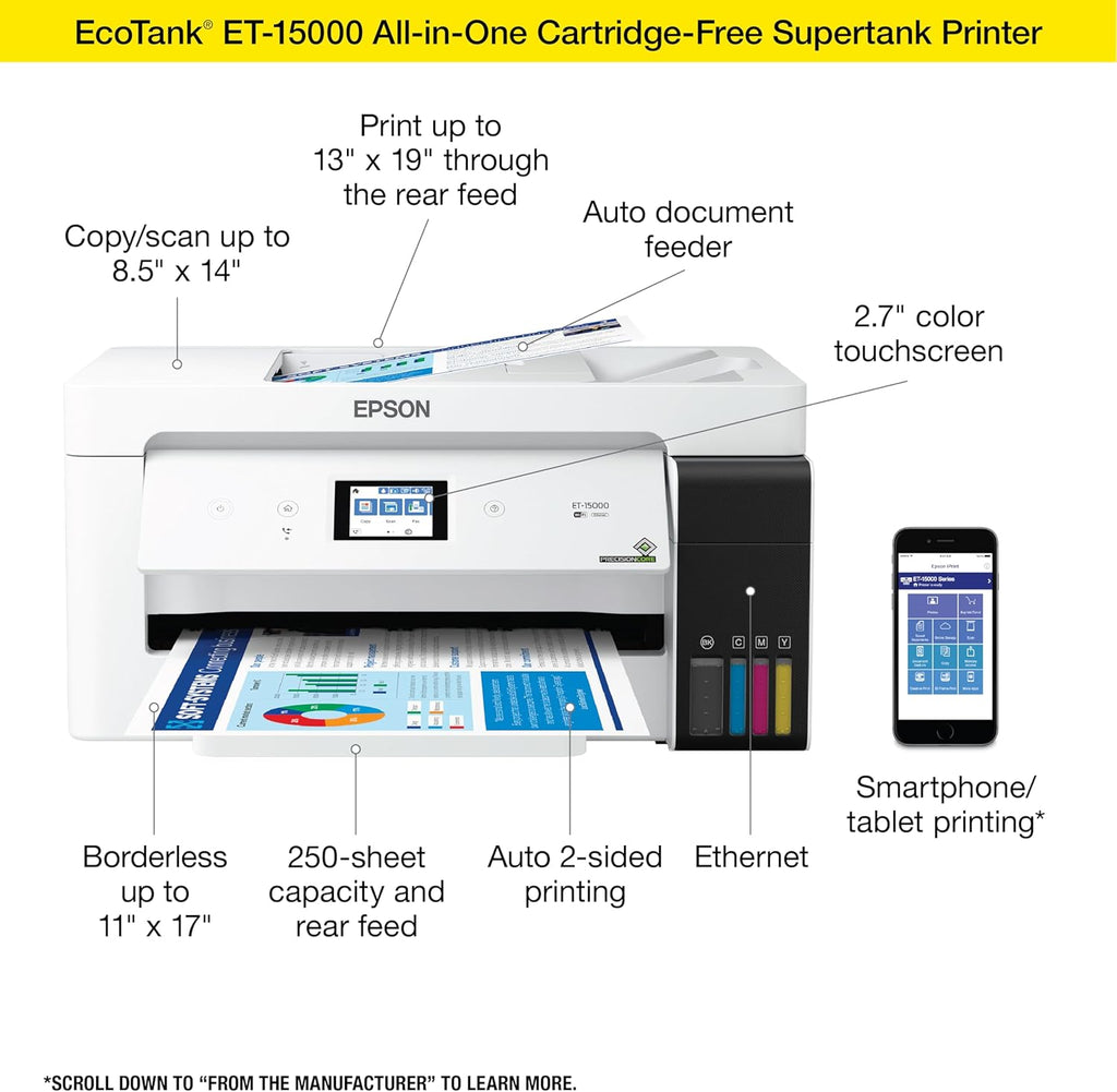 Epson EcoTank ET-15000 Wireless Color All-in-One Supertank Printer with Scanner & 522 EcoTank Ink Ultra-high Capacity Bottle Yellow