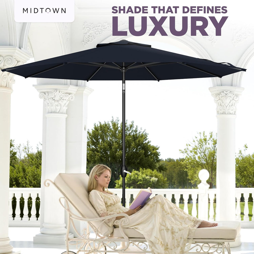 Midtown Umbrellas - The Lean 9 Ft Patio Umbrella with Fade-Resistant Sunbrella Fabric, Auto-Tilt Aluminum Frame and 8 Reinforced Ribs for Deck, Pool & Garden - Canvas Navy Canopy, Black Pole