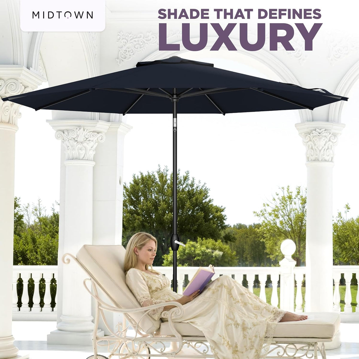Midtown Umbrellas - The Lean 9 Ft Patio Umbrella with Fade-Resistant Sunbrella Fabric, Auto-Tilt Aluminum Frame and 8 Reinforced Ribs for Deck, Pool & Garden - Canvas Navy Canopy, Black Pole
