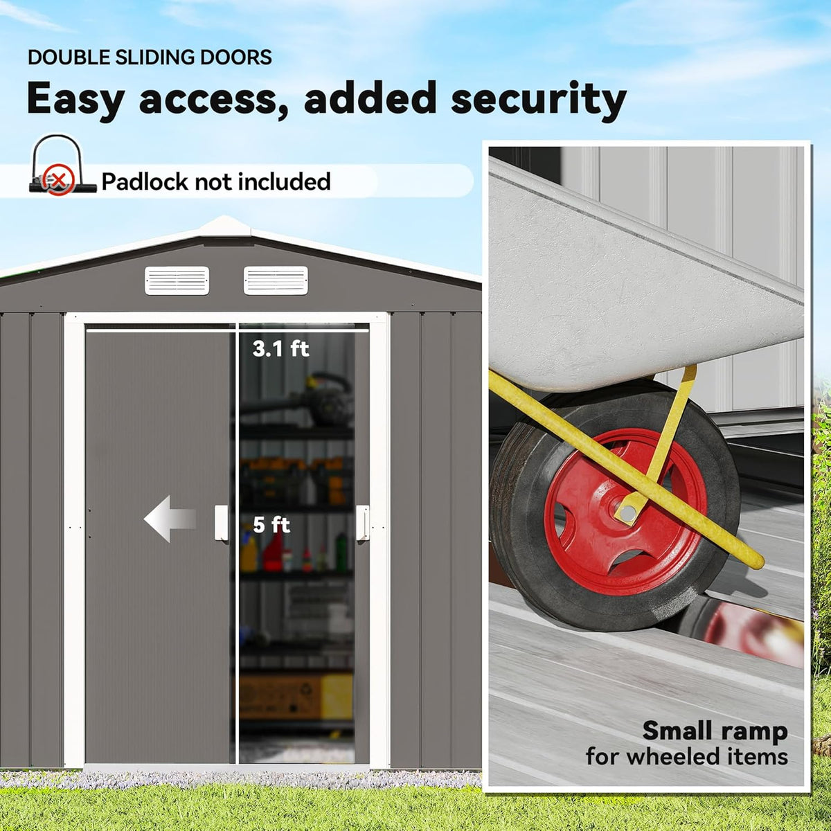 Outsunny 9' x 6' Outdoor Storage Shed, Garden Tool Metal Shed with Foundation Kit, Double Lockable Door, Air Vents and Sloping Roof, for Backyard, Patio, Lawn, Light Gray