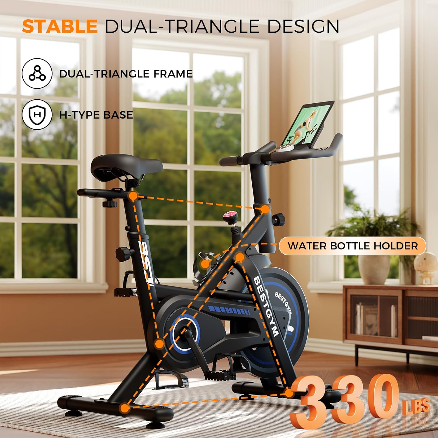 Exercise Bike, Adjustable Resistance Stationary Bikes for Home with App Compatible, Quiet Indoor Cycling Bike with 330lbs Weight Capacity, Comfortable Seat, Silent Belt Drive for Home Fitness and Weight Loss(Friction-Black)