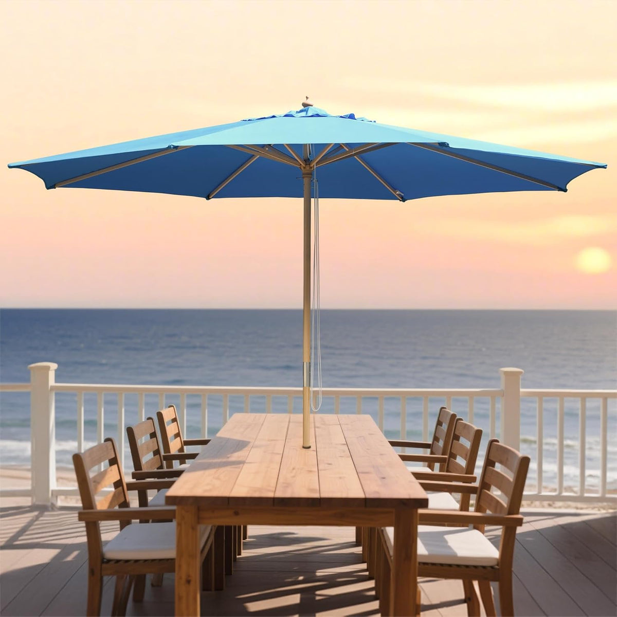 Yescom 13ft Coastal Solid Beech Wood Umbrella Pulley Lift Commercial Base with Wheel Included for Beach Club Seaside Restaurant Terrace Resort Poolside