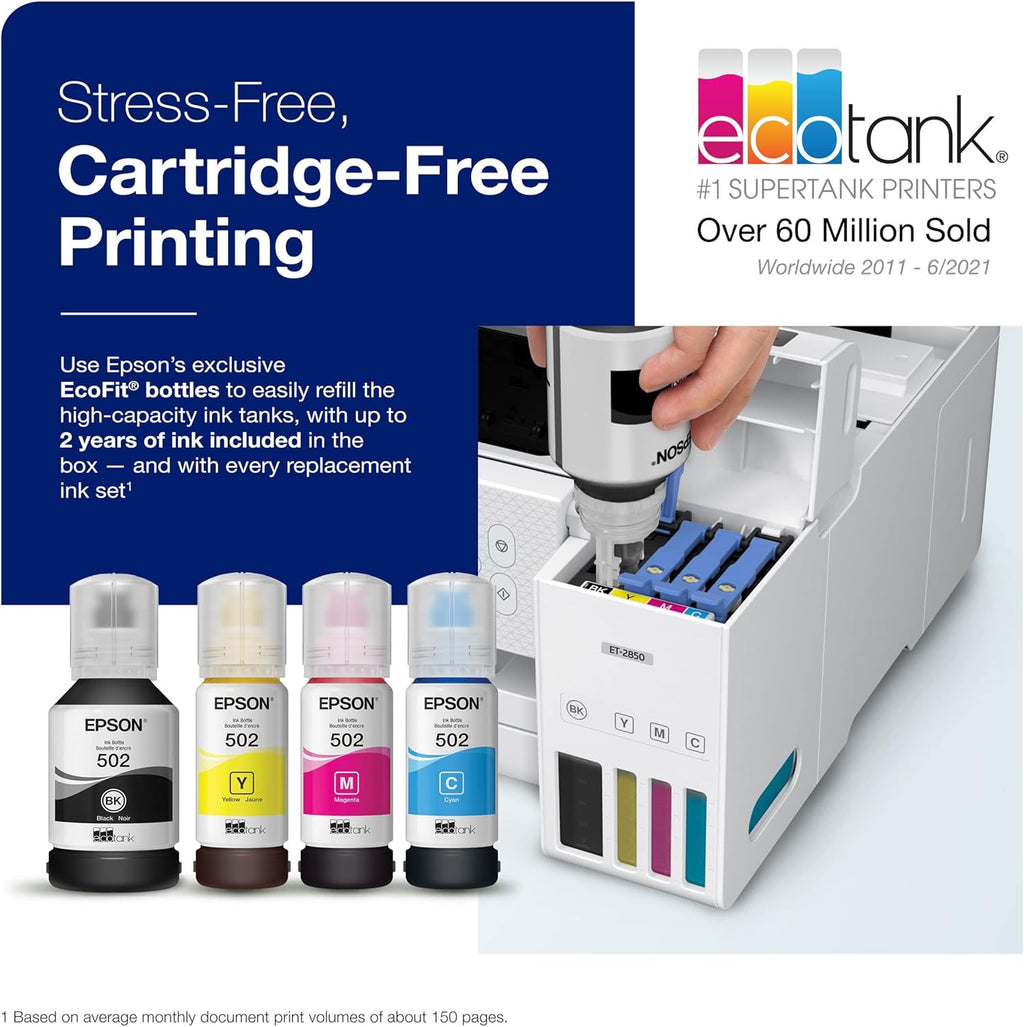 Epson EcoTank ET-2850 Wireless Color All-in-One Supertank Inkjet Printer, White - Print Scan Copy - 10 ppm, 4800 x 1200 dpi, Auto 2-Sided Printing, Voice-Activated