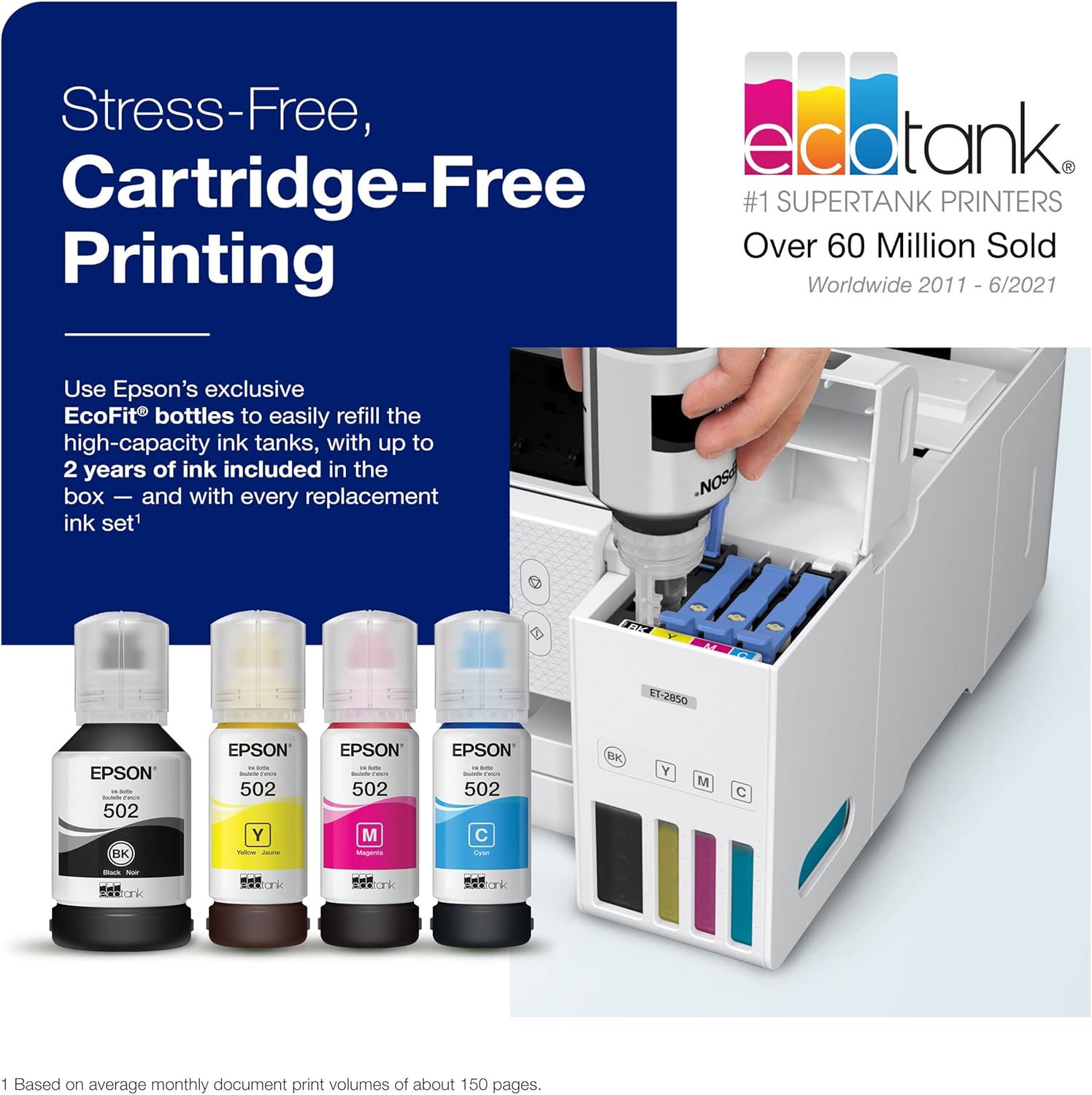 Epson EcoTank ET-2850 Wireless Color All-in-One Supertank Inkjet Printer, White - Print Scan Copy - 10 ppm, 4800 x 1200 dpi, Auto 2-Sided Printing, Voice-Activated