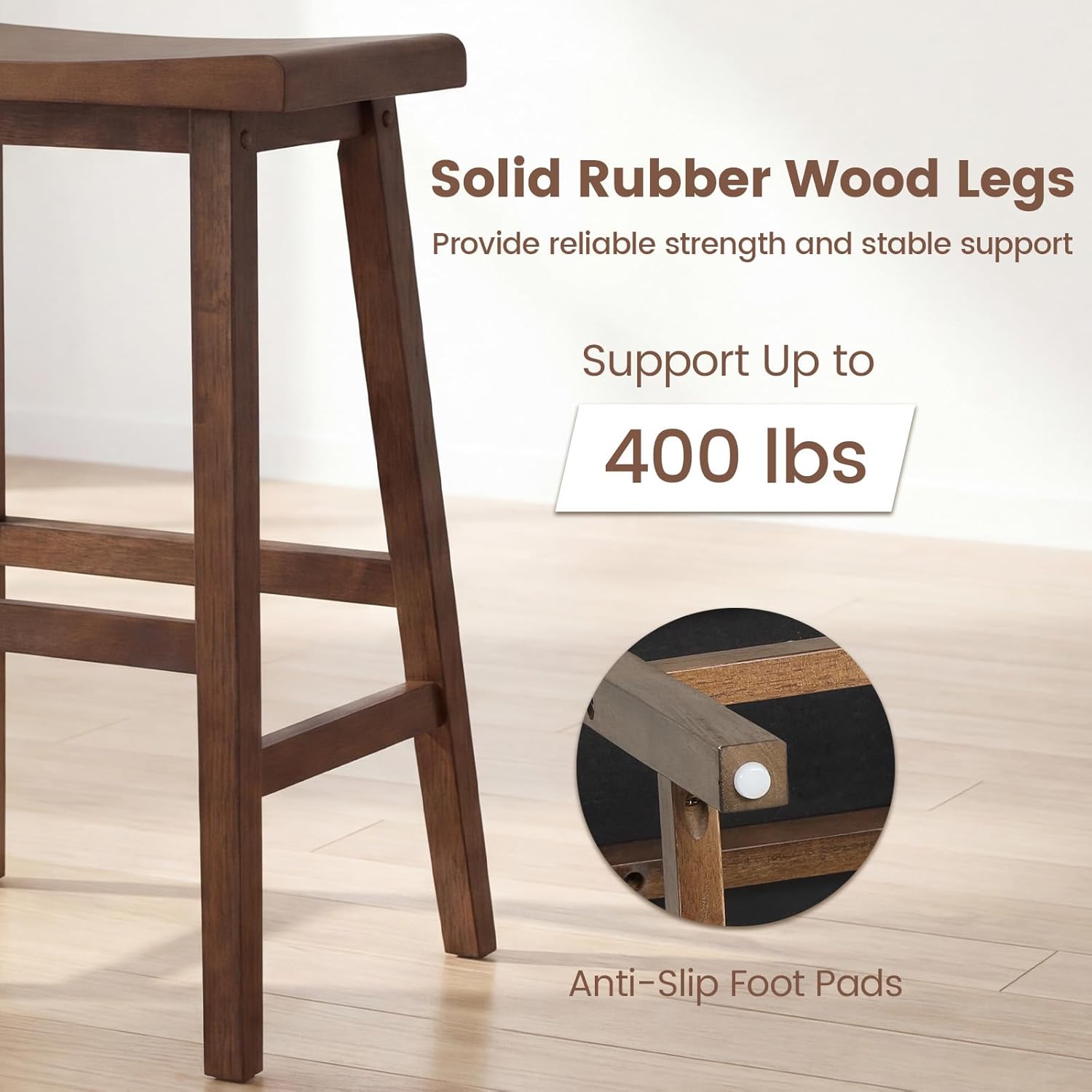 COSTWAY Solid Wood Saddle Stools Set of 4, 24-inch Height Backless Counter Chairs with Footrests, Mid-Century Modern Wooden Barstools for Kitchen Island Dining Room Pub Bistro Bar, Brown