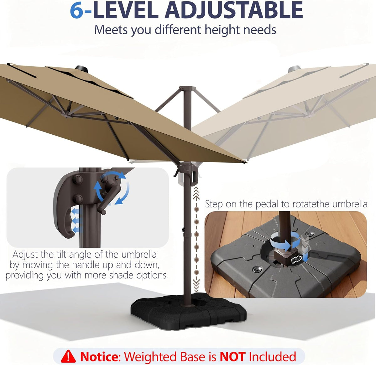 10' X 10' Patio Umbrella Cantilever Outdoor Rectangle Umbrella with Base Included, Heavy Duty 360°Rotation Offset Umbrella for Garden Deck Pool Patio, Brown