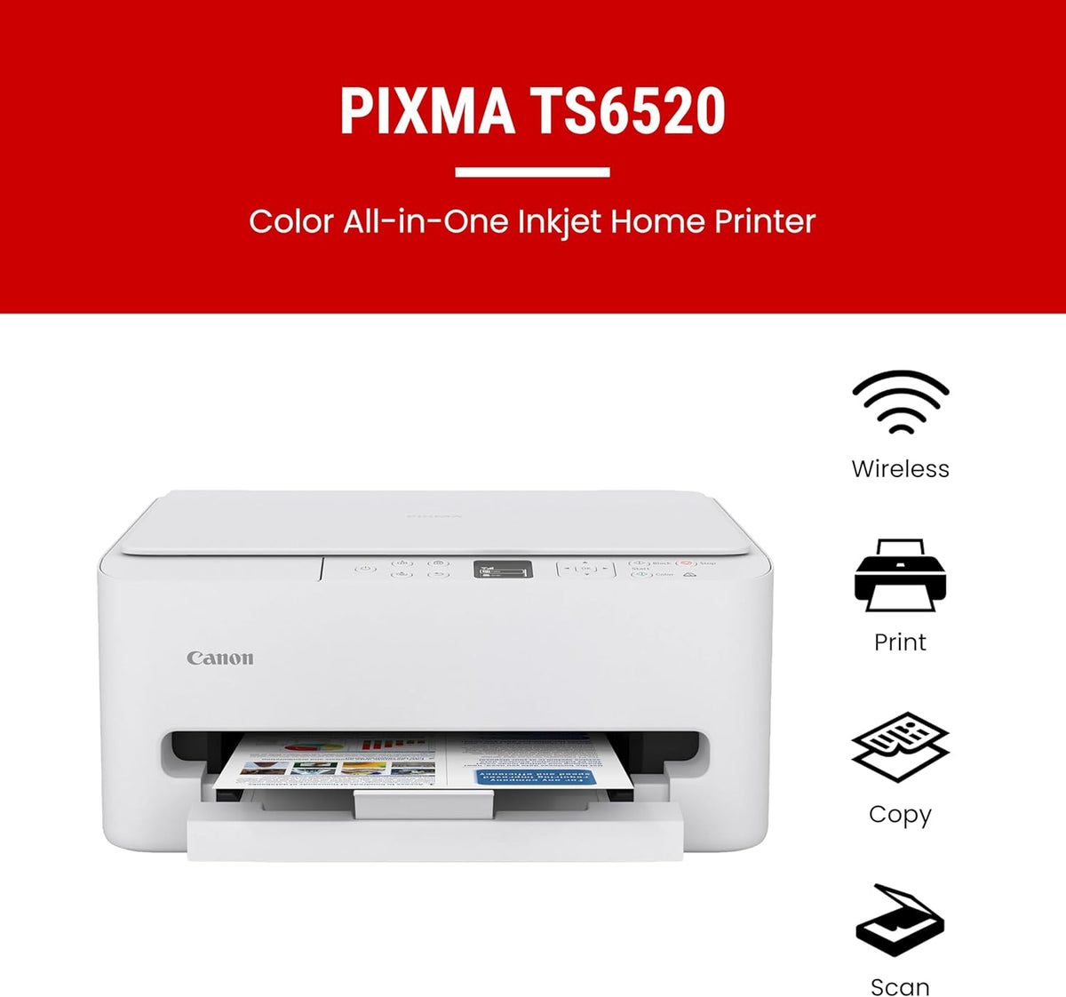 Canon PIXMA TS6520 Wireless Color Inkjet Printer Duplex Printing, White – Home Printer with Copier/Scanner, 1.42” OLED Display, Intuitive Control Panel, Compact Design