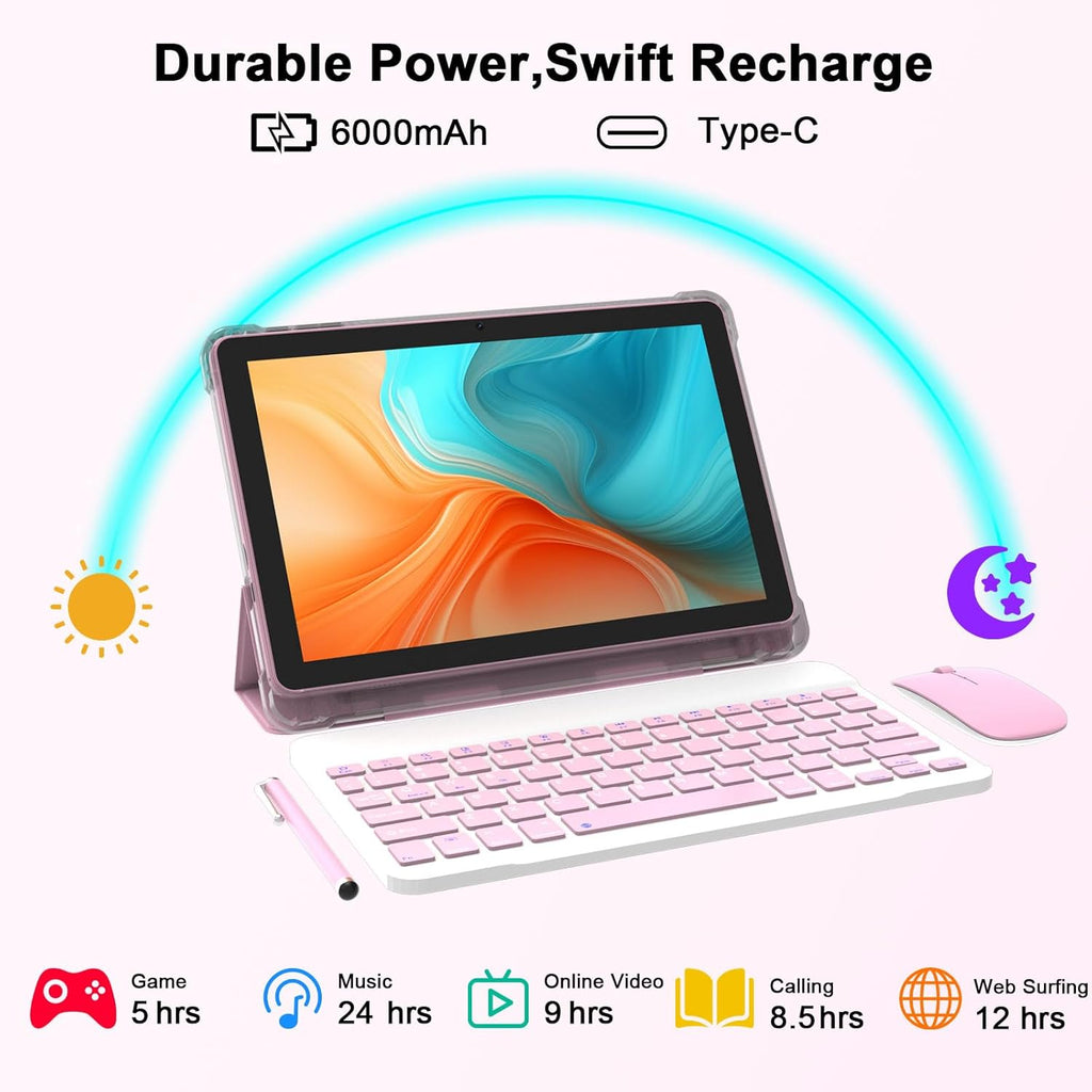 CUPEISI Android 15 Tablet 10 Inch, 20GB RAM+128GB ROM/ 2TB Expandable, 2.0GHz Quad-core Processor, 1280*800 HD Screen, 5G WiFi6 BT 5.0, 2 in 1 Tablets with Keyboard Case Mouse Stylus, Widevine L1 Pink