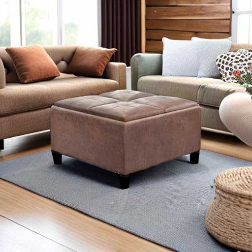 SIMPLIHOME Avalon Wide Contemporary Square Coffee Table Storage Ottoman, Distressed Umber Brown, Table Ottoman