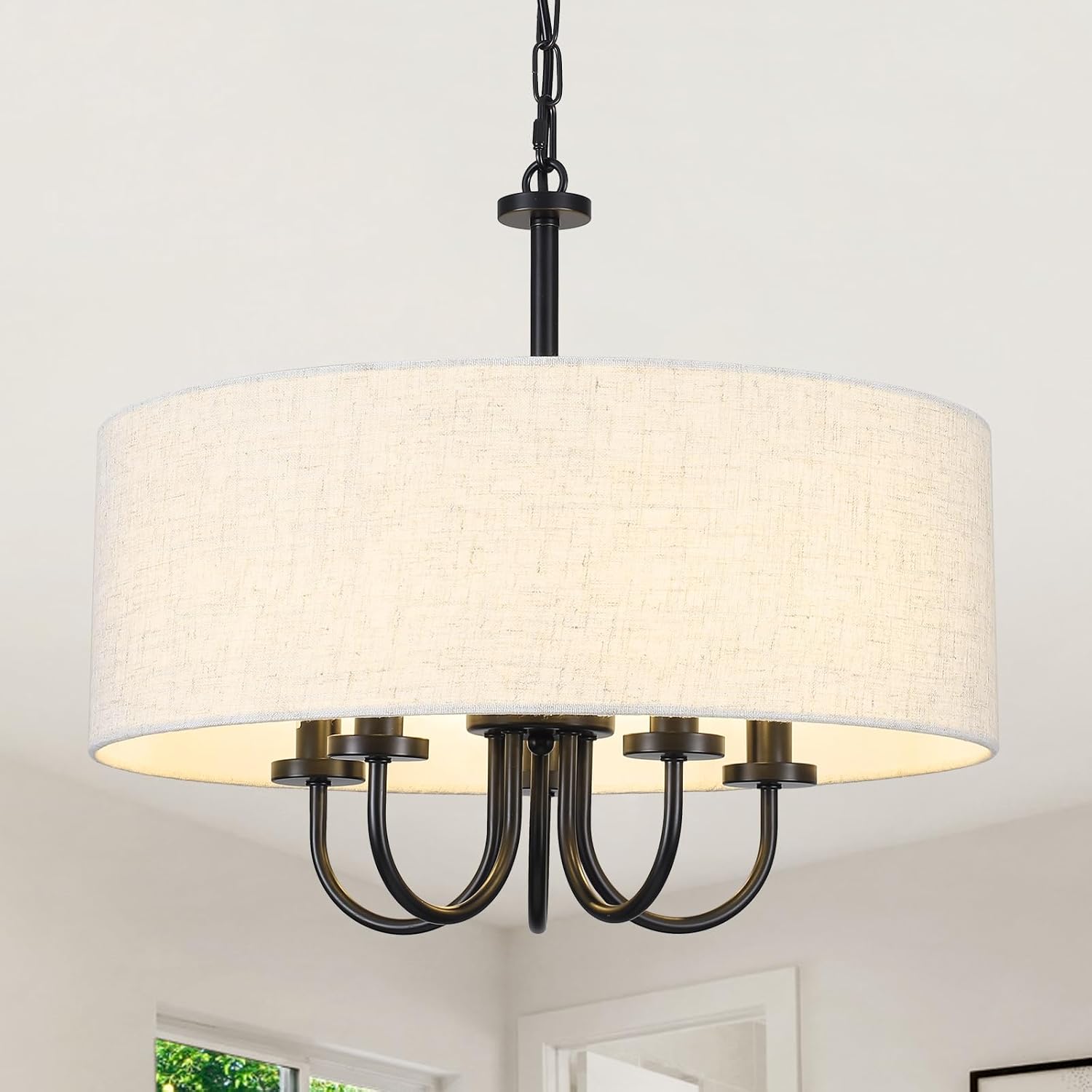 Drum Chandelier 5 Light 19" Dining Room Chandeliers Modern Black Farmhouse Chandelier White Linen Drum Shade Pendant Light Fixture for Living Room Bedroom Hallway