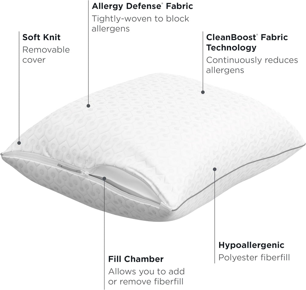AllerEase Platinum 2-in-1 Adjustable Pillow, CleanBoost Allergen Barrier, Extra Fill, Standard/Queen - 2 Pack