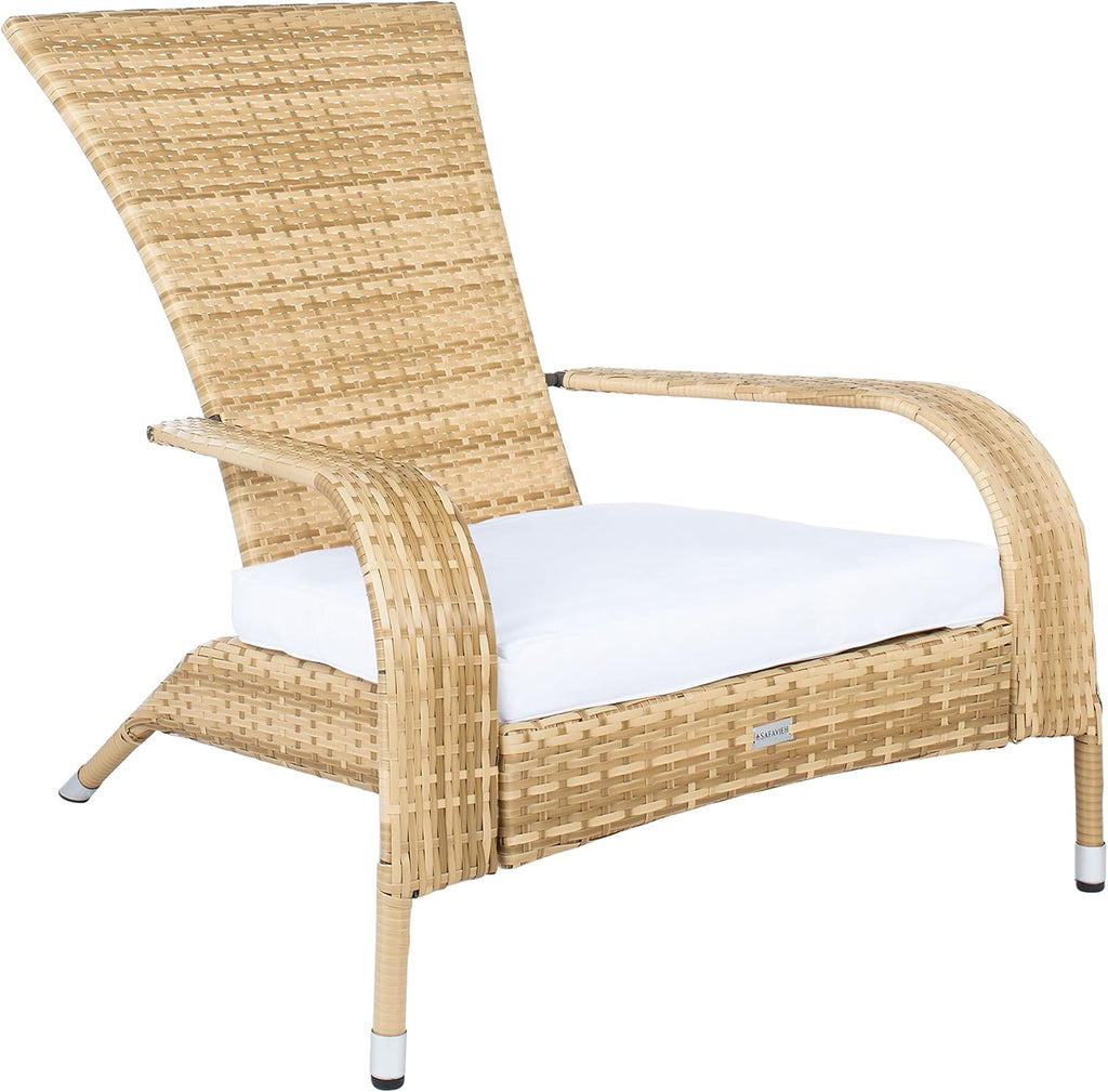 SAFAVIEH Outdoor - Edna 3-Piece Lounge Set - Natural & White - Steel Frame & Faux Rattan with Cushion - Wingback Tropical French Design - Ideal for Patio, Deck, Porch, Backyard (PAT7719D)