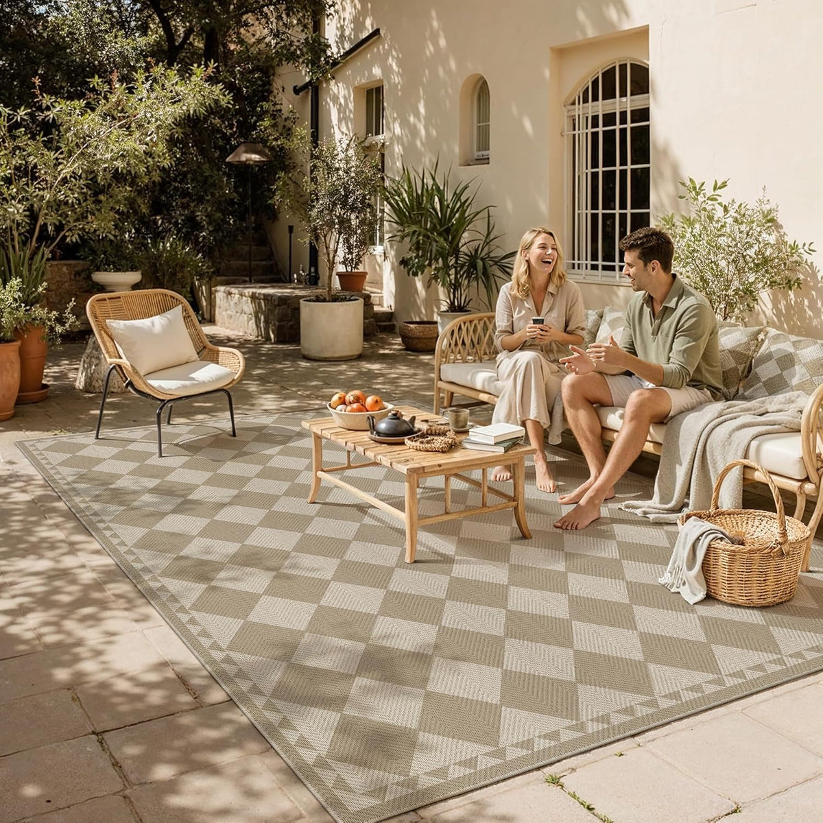 HUGEAR 9x12 Outdoor Rug Brown/Beige Linen-Look Fabric Checkered Area Rug High Traffic Stain Resistant Easy Clean Durable Rugs for Indoor/Outdoor Patio Deck Balcony Porch Garden Courtyard
