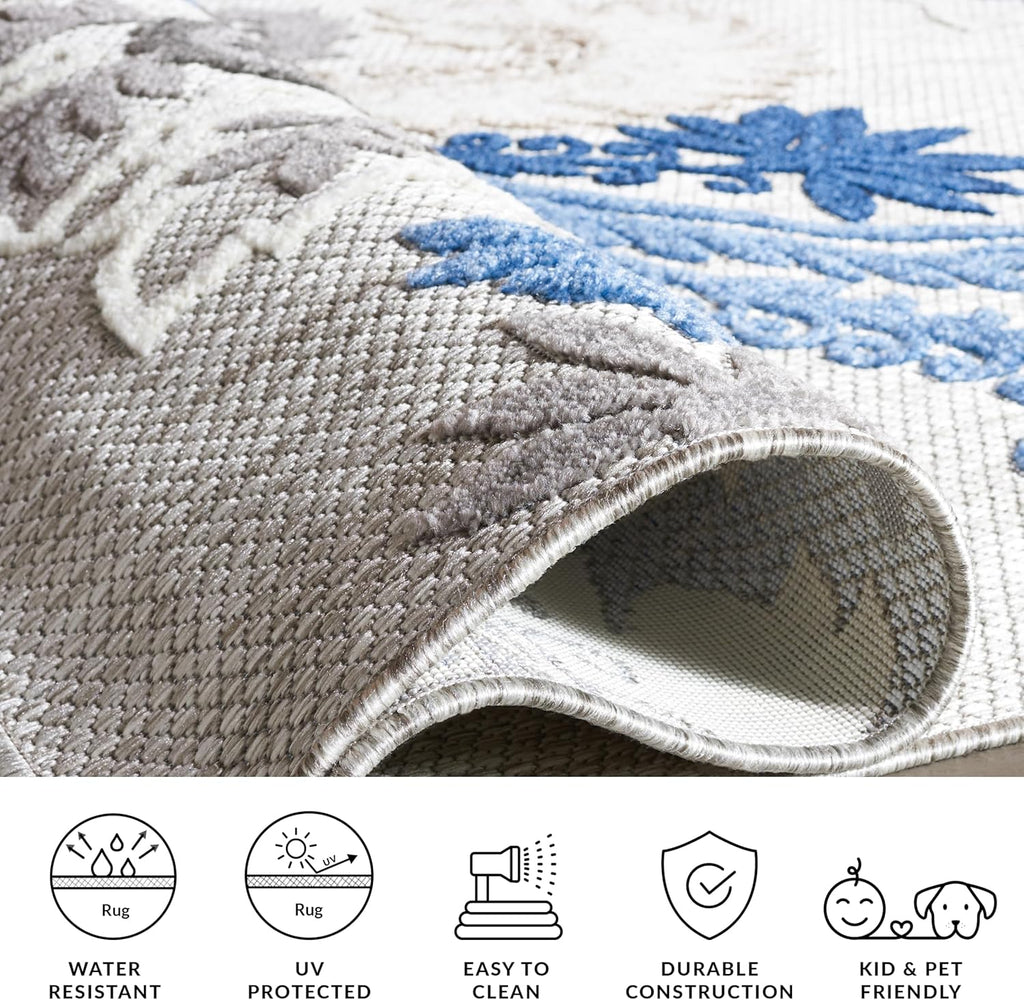 SAFAVIEH Washable Rug Outdoor Cabana Collection - 10' x 14', Grey & Blue, Non-Shedding & Easy to Clean, Ideal for Patio, Backyard, Deck, Mudroom (CBN305F)