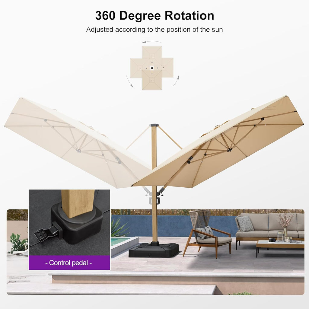 PURPLE LEAF 11FT Patio Umbrella With Base Square Cantilever Umbrella Teak Finished Aluminum Frame Large Windproof Offset Outdoor Sun Umbrellas for Beach Pool Deck, Beige