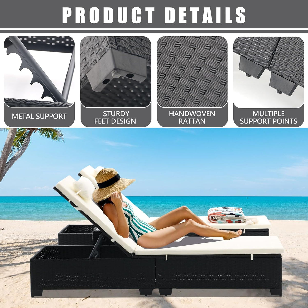 3-Piece Outdoor Lounge Chairs Set, Chaise Lounge Patio Chairs with Coffee Table, Adjustable Wicker Chairs, Water-Resistant Cushions, PE Rattan Poolside & Backyard Furniture (Beige)
