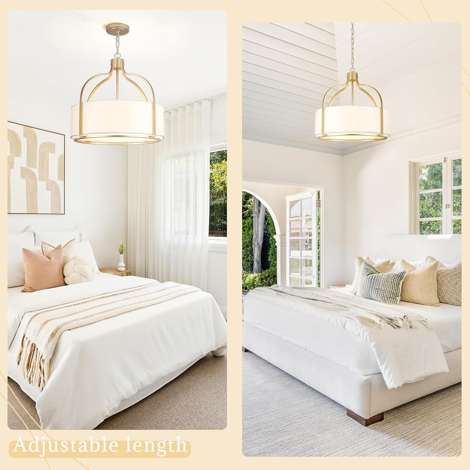 20.5'' Gold Drum Chandelier Light Fixture, 5-Light Large Modern Farmhouse Chandeliers for Dining Room Gold Drum Hanging Pendant Light with White Fabric Shade for Kitchen Living Room Foyer Bedroom