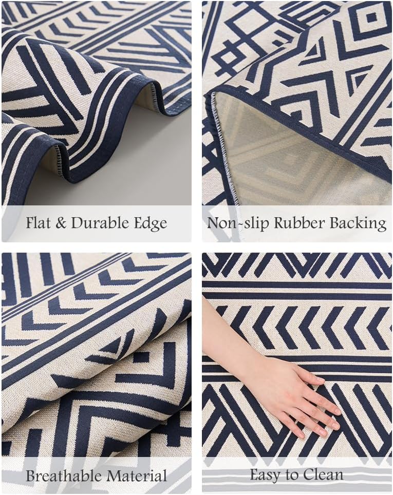 Outdoor Rug Carpet 9X12 ft, Flatweave Textured Outdoor Patio Rug Non Slip Indoor Outdoor Rugs with Rubber Particles Backing Boho Outdoor Area Rug for Patio Deck Front Porch Backyard Balcony, Navy