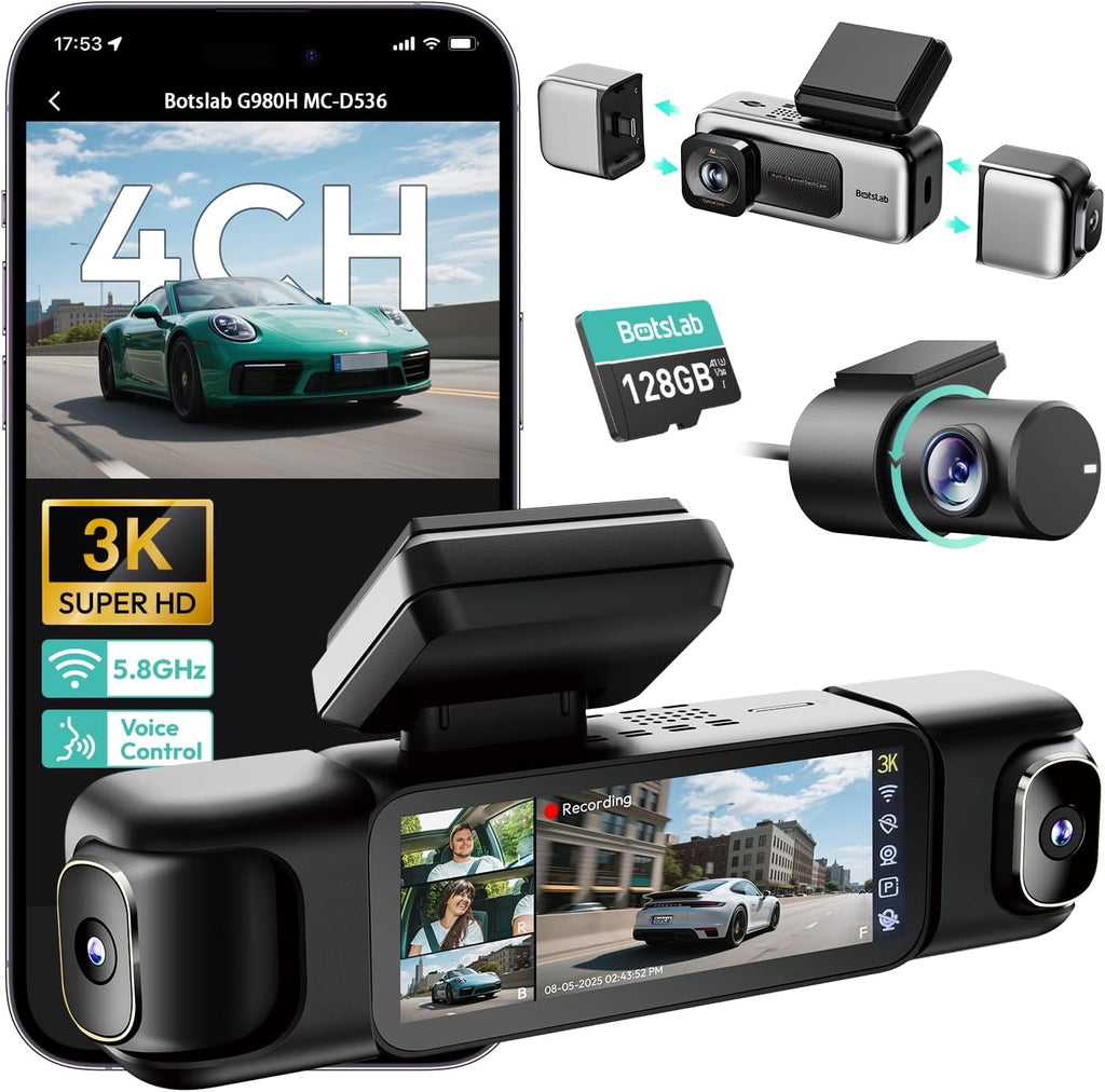 BOTSLAB 3K 4 Channel Dash Cam, 360° All-Sides View, Front and Rear Inside Car Camera with 3.18”Touch Screen, Dash Camera 24/7 Parking Mode, Built-in GPS 5.8GHz WiFi Voice Control, Free 128GB Card