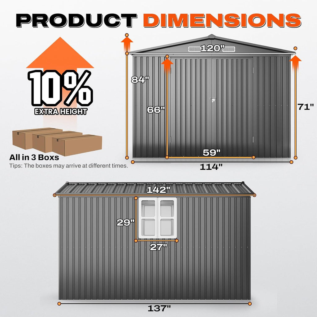 Quictent Large 10x12 FT Outdoor Storage Shed, Metal Workshop with Skylight & 4 Windows, Waterproof Utility Shed for Ride-on Mower, Snow Blower
